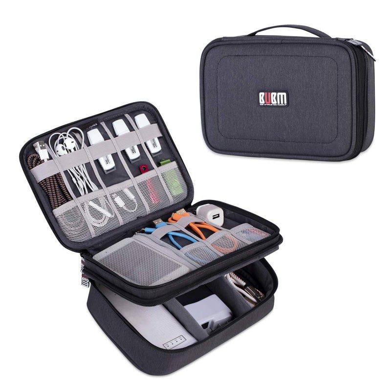 BUBM Electronic Organizer, Double Layer Travel Gadget Carry Bag for Cables, Plugs, Earphone, Flash Hard Drive and More--a Sleeve Pouch for iPad Mini(Medium, Black) - Image 1